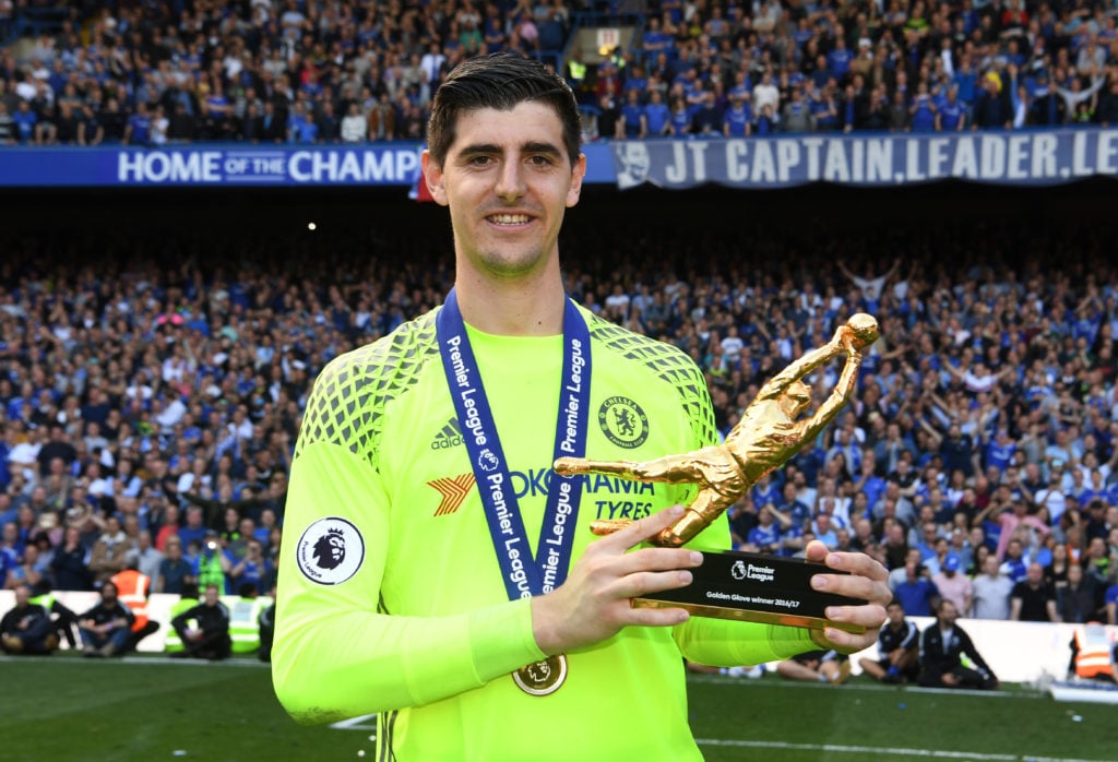 Thibaut Courtois of Chelsea poses with the Golden Glove award after the Premier League match between Chelsea and Sunderland at Stamford Bridge on M...