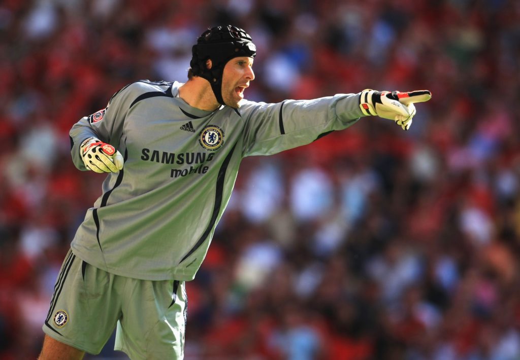 Petr Cech of Chelsea organises his defence during the FA Community Shield match between Chelsea and Manchester United at Wembley Stadium on August ...