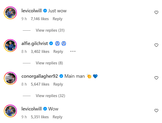 Levi Colwill's two comments on Cole Palmer's Instagram