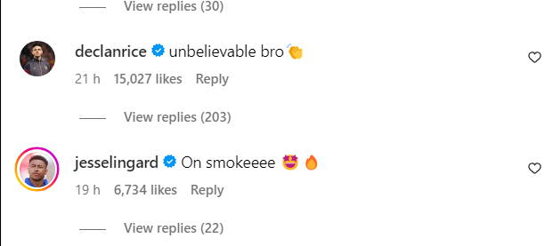Declan Rice on Cole Palmer's Instagram