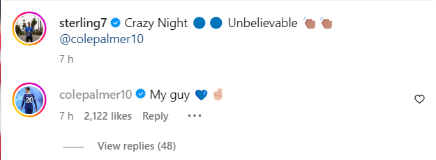 Cole Palmer on Raheem Sterling's Instagram