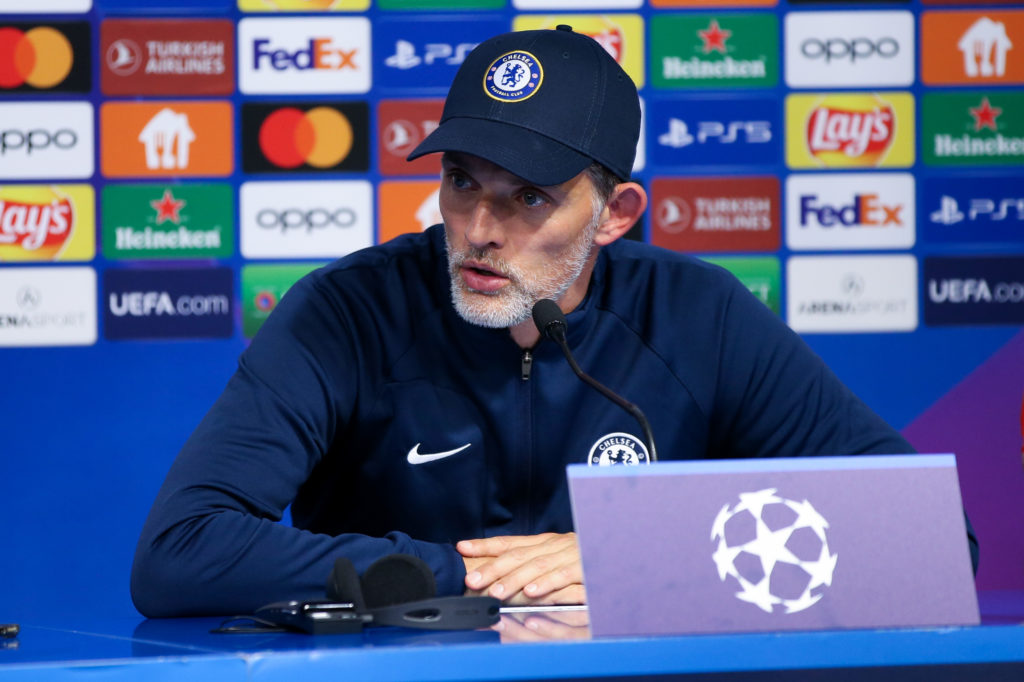 Head Coach of Chelsea Thomas Tuchel speaks during a Chelsea press conference after the UEFA Champions League group E match between Dinamo Zagreb an...