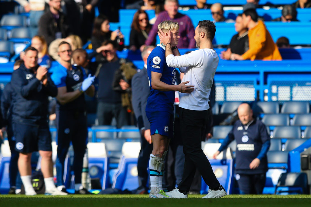 Brighton & Hove Albion Head Coach Roberto de Zerbi speaks to his former player Mykhailo Mudryk of Chelsea after the Premier League match betwee...