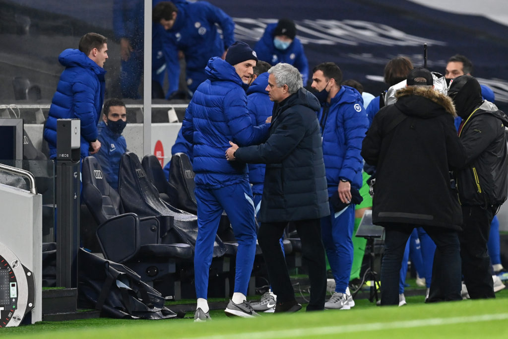 Jose Mourinho, Manager of Tottenham Hotspur shakes hands with Thomas Tuchel, Manager of Chelsea prior to the Premier League match between Tottenham...