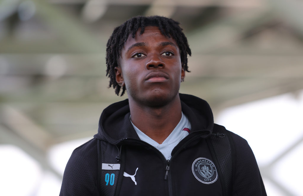 Manchester City's Romeo Lavia looks on ahead of a pre-season match between Manchester City and Blackpool at the Manchester City Football Academy on A...