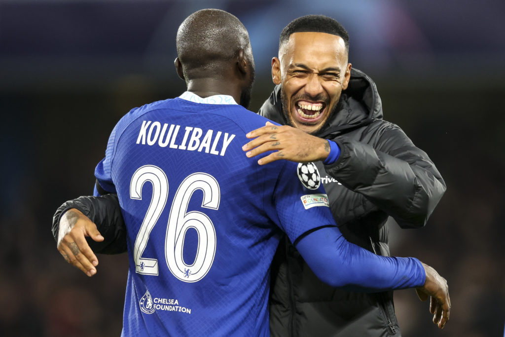 Pierre-Emerick Aubameyang of Chelsea with team-mate Kalidou Koulibaly after their sides 3-0 win  during the UEFA Champions League group E match bet...
