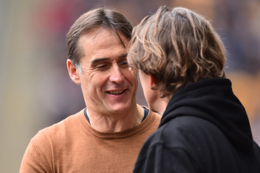 Julen Lopetegui, Manager of Wolverhampton Wanderers, interacts with Thomas Frank, Manager of Brentford, prior to the Premier League match between W...