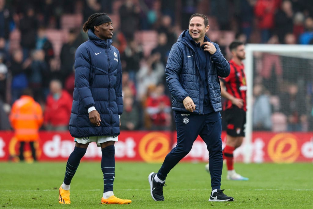 Head Coach Frank Lampard with Noni Madueke of Chelsea after their sides 3-1 win during the Premier League match between AFC Bournemouth and Chelsea...