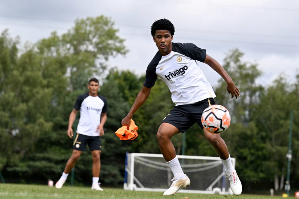 Andrey Santos of Chelsea during a training session at Chelsea Training Ground on July 13, 2023 in Cobham, England.