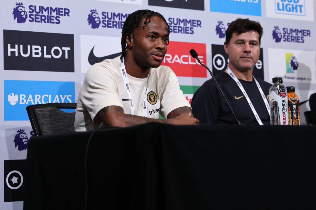Raheem Sterling #17 and manager Mauricio Pochettino of Chelsea FC speak during a Premier League Summer Series press conference on July 21, 2023 in ...