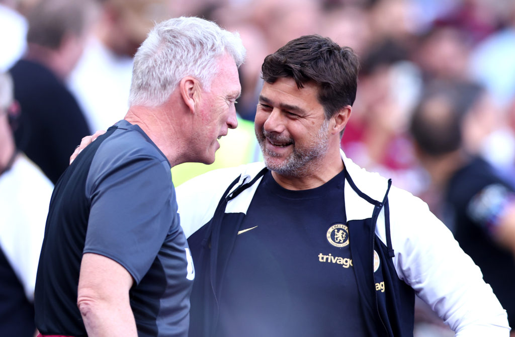 Chelsea Manager Mauricio Pochettino and Manager of West Ham David Moyes meet during the Premier League match between West Ham United and Chelsea FC...