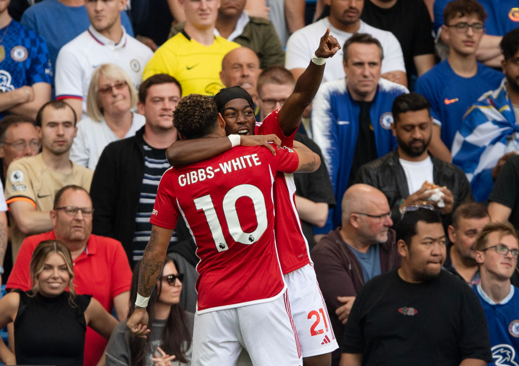 Anthony Elanga of Nottingham Forest celebrates scoring the winning goal with Morgan Gibbs-White during the Premier League match between Chelsea FC ...