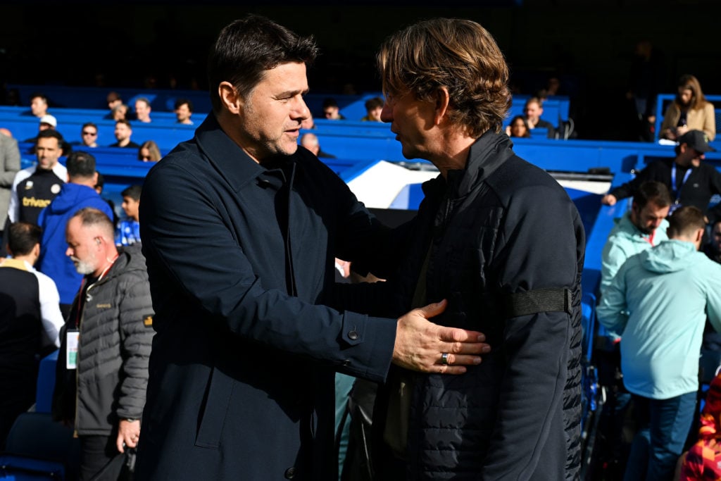 Mauricio Pochettino, Manager of Chelsea interacts with Thomas Frank, Manager of Brentford, during the Premier League match between Chelsea FC and B...