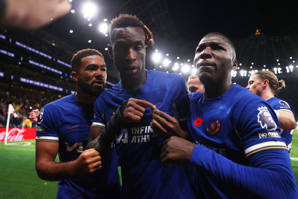 Nicolas Jackson of Chelsea celebrates with teammates Reece James (L) and Moises Caicedo of Chelsea after scoring the team's second goal  during the...