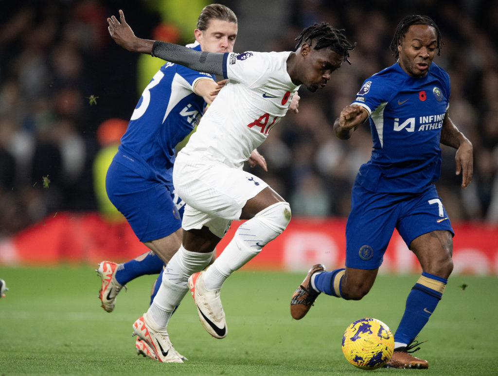 Conor Gallagher of Chelsea (left) and  Raheem Sterling of Chelsea and Yves Bissouma of Tottenham Hotspur during the Premier League match between To...