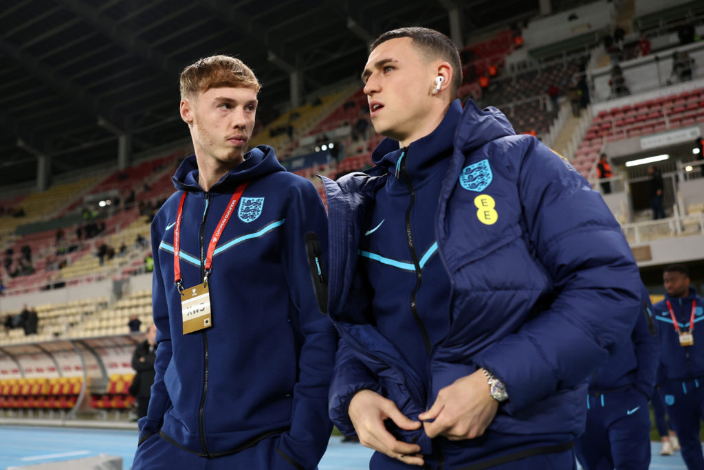 Cole Palmer and Phil Foden of England inspect the pitch prior to the UEFA EURO 2024 European qualifier match between North Macedonia and England at...