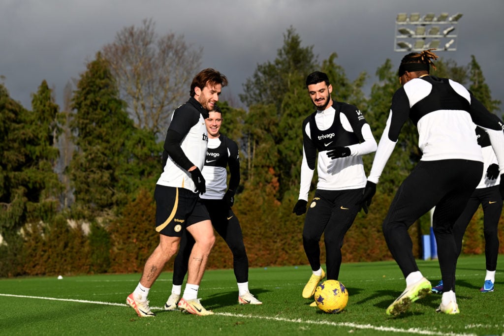Ben Chilwell, Conor Gallagher and Armando Broja of Chelsea during a training session at Chelsea Training Ground on December 22, 2023 in Cobham, Eng...