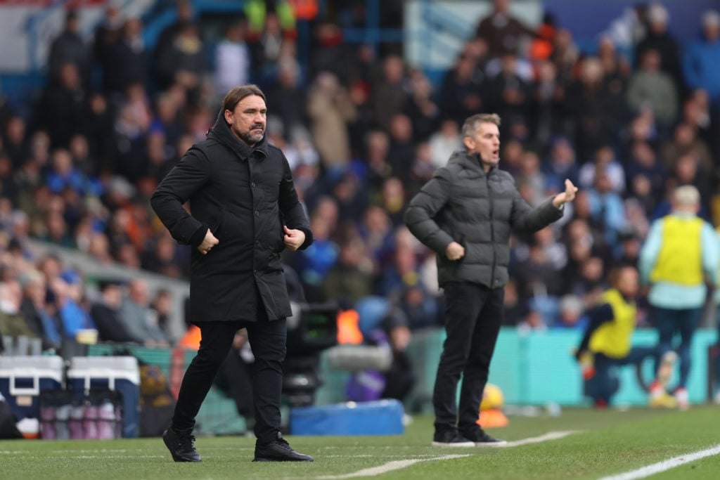 Daniel Farke, the Leeds United manager, is watching on alongside Kieran McKenna, the Ipswich Town manager, during the Sky Bet Championship match be...