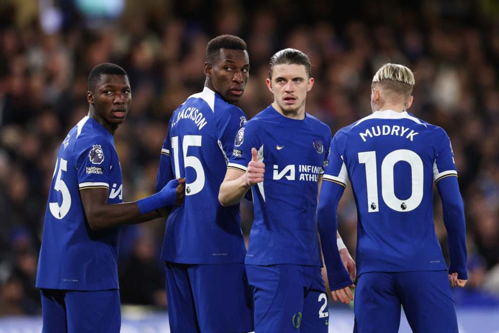 L-R Moises Caicedo, Nicolas Jackson, Conor Gallagher and Mykhailo Mudryk of Chelsea during the Premier League match between Chelsea FC and Crystal ...