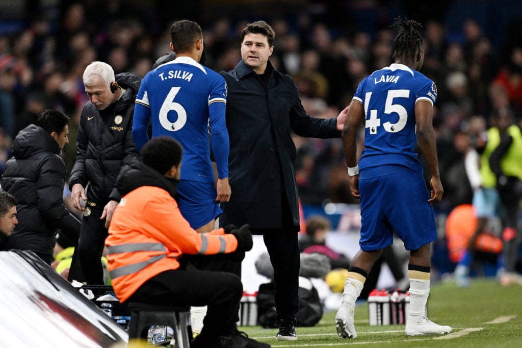 Mauricio Pochettino, Manager of Chelsea, interacts with Thiago Silva and Romeo Lavia of Chelsea as they are substituted during the Premier League m...