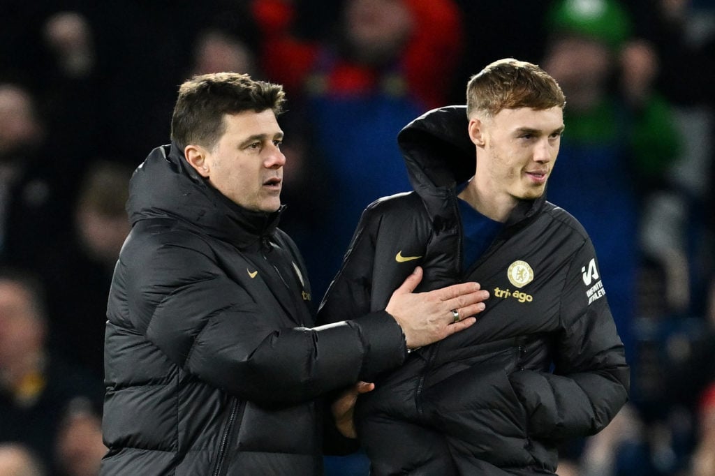 Mauricio Pochettino, Manager of Chelsea, interacts with Cole Palmer of Chelsea after the Emirates FA Cup Third Round match between Chelsea and Pres...