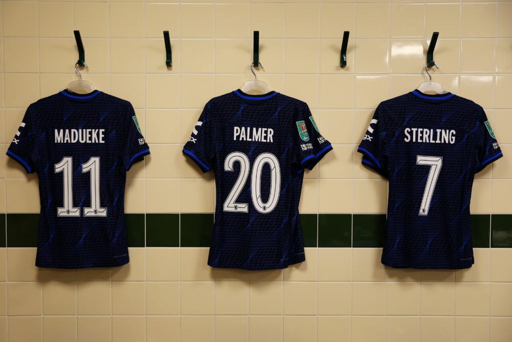 A detailed view of of the match shirts of Noni Madueke, Cole Palmer and Raheem Sterling of Chelsea in the changing rooms prior to the Carabao Cup S...
