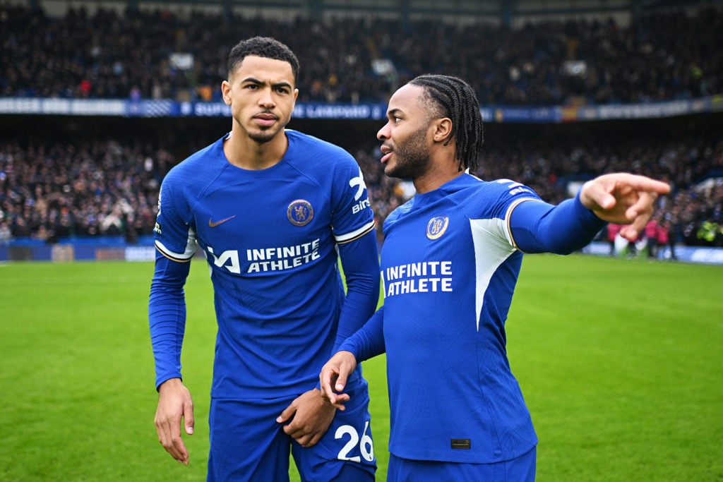 Levi Colwill and Raheem Sterling of Chelsea interact prior to the Premier League match between Chelsea FC and Fulham FC at Stamford Bridge on Janua...