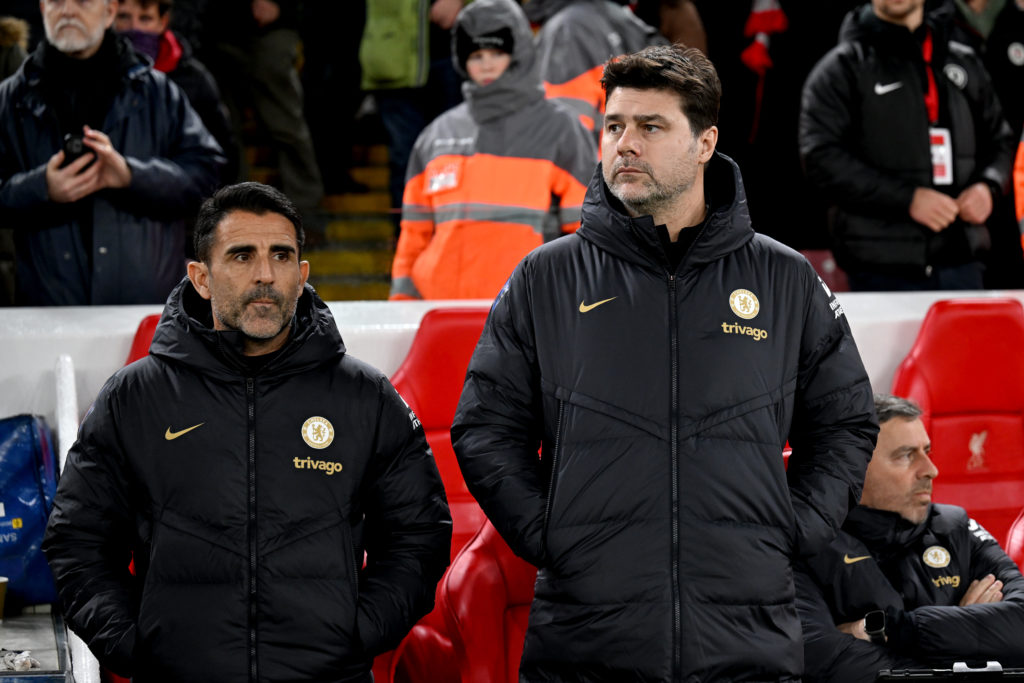 Jesus Perez, Assistant Manager of Chelsea and Mauricio Pochettino, Manager of Chelsea, look on prior to the Premier League match between Liverpool ...