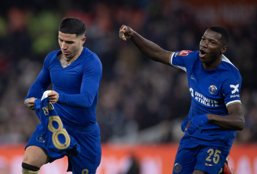 Enzo Fernandez of Chelsea celebrates scoring his team's third goal with team mate Moises Caicedo during the Emirates FA Cup Fourth Round Replay mat...