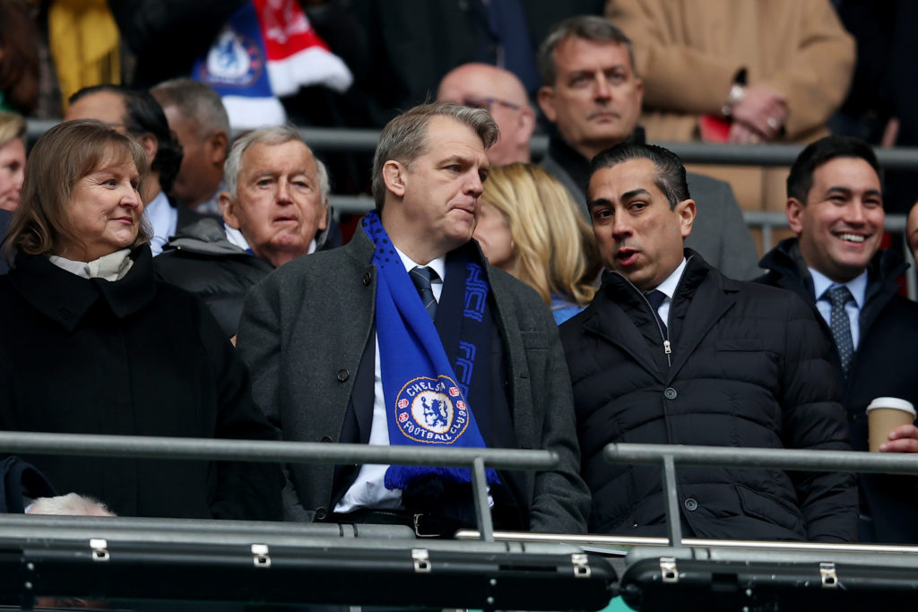 Todd Boehly and Behdad Eghbali Co-Owners of Chelsea, speak in the stand prior to the Carabao Cup Final match between Chelsea and Liverpool at Wembl...
