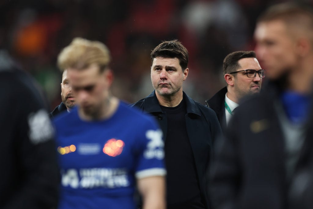 Mauricio Pochettino, Manager of Chelsea, looks dejected at full-time following the team's defeat in the Carabao Cup Final match between Chelsea and...