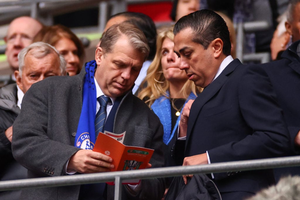 Chelsea Co-owners Todd Boehly (L) and Behdad Eghbali (R) during the Carabao Cup Final match between Chelsea and Liverpool at Wembley Stadium on Feb...