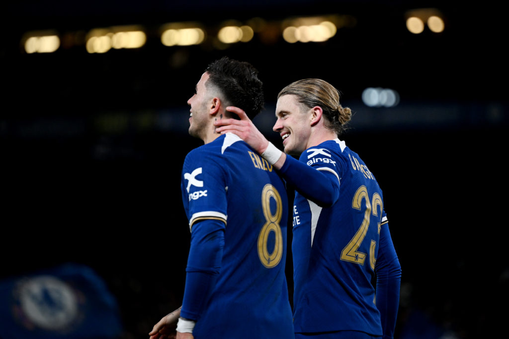 Conor Gallagher of Chelsea celebrates scoring his team's third goal with teammate Enzo Fernandez during the Emirates FA Cup Fifth Round match betwe...