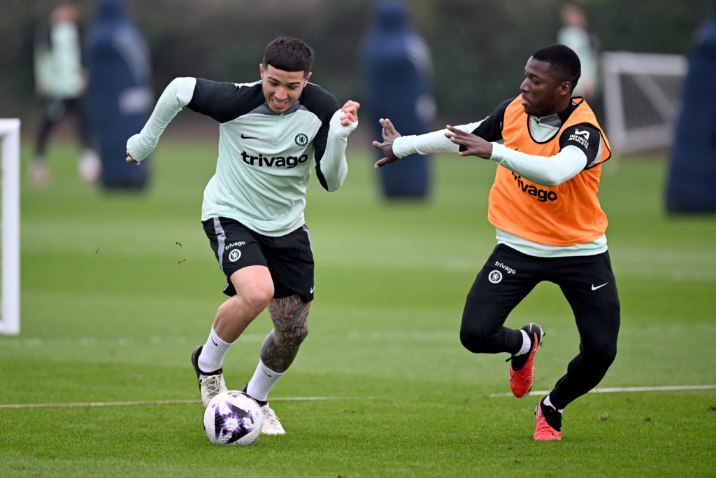 Enzo Fernandez and Moises Caicedo of Chelsea during a training session at Chelsea Training Ground on March 7, 2024 in Cobham, England.