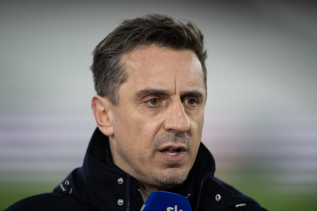 Gary Neville working as a pundit for the Premier League match between West Ham and Brentford.