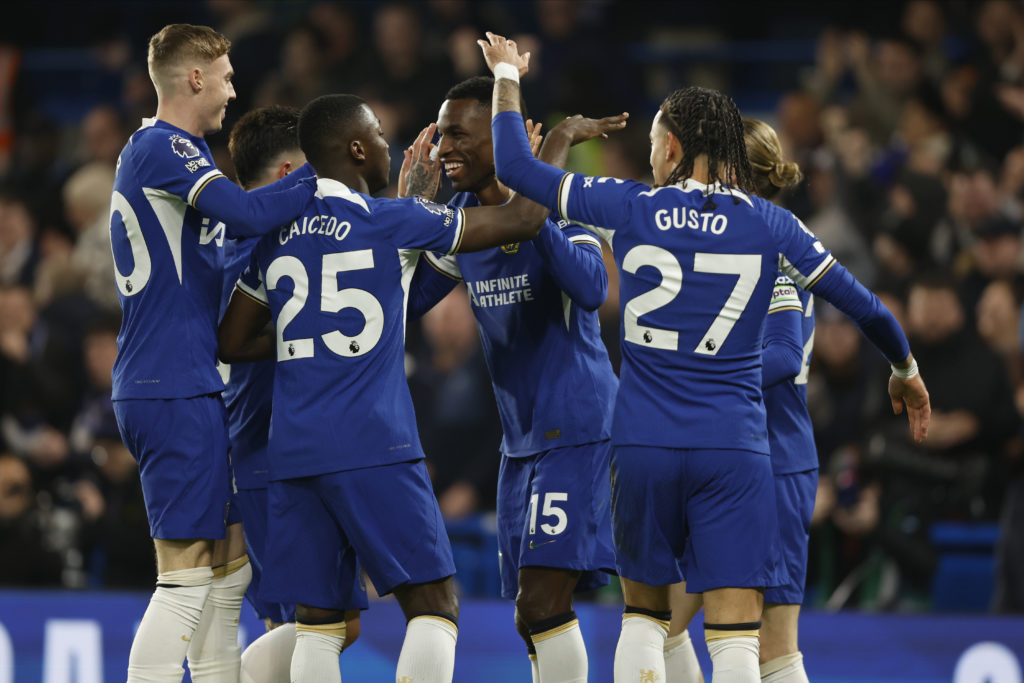 Nicolas Jackson of Chelsea celebrates scoring 1st goal with Cole Palmer, Moises Caicedo and Malo Gusto of Chelsea during the Premier League match b...