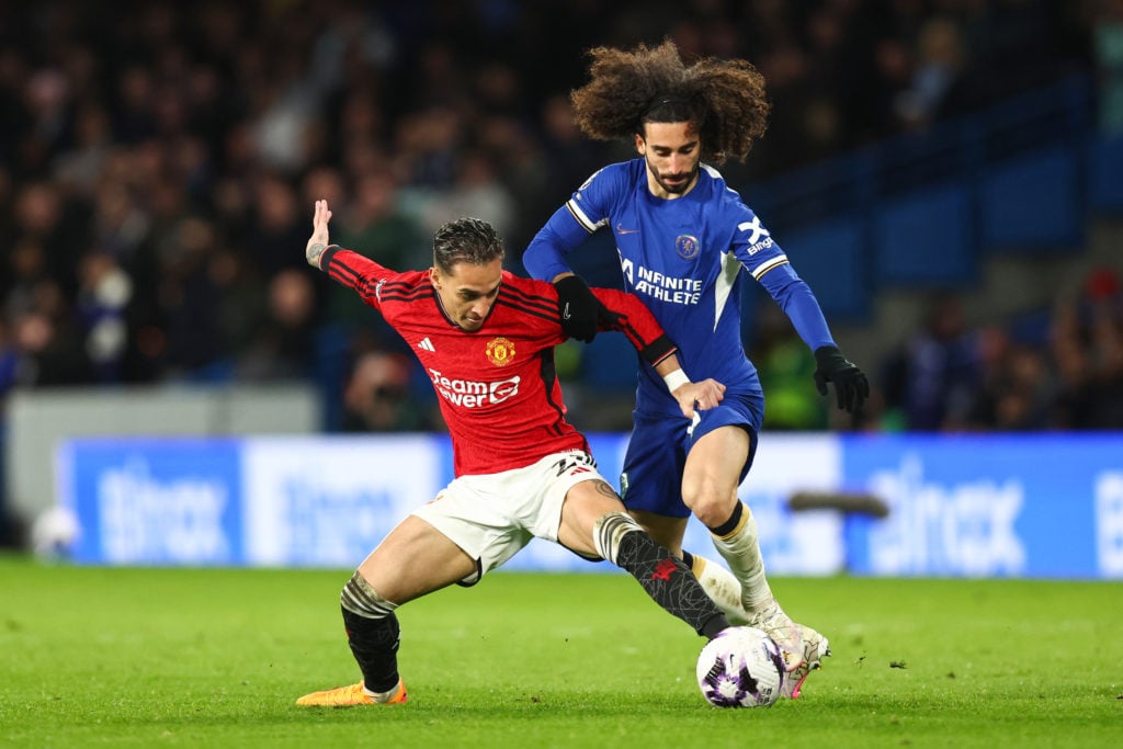 Antony of Manchester United and Marc Cucurella of Chelsea during the Premier League match between Chelsea FC and Manchester United at Stamford Brid...