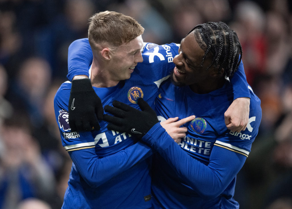 Cole Palmer of Chelsea (L) celebrates scoring his teams second goal with Axel Disasi of Chelsea (R)