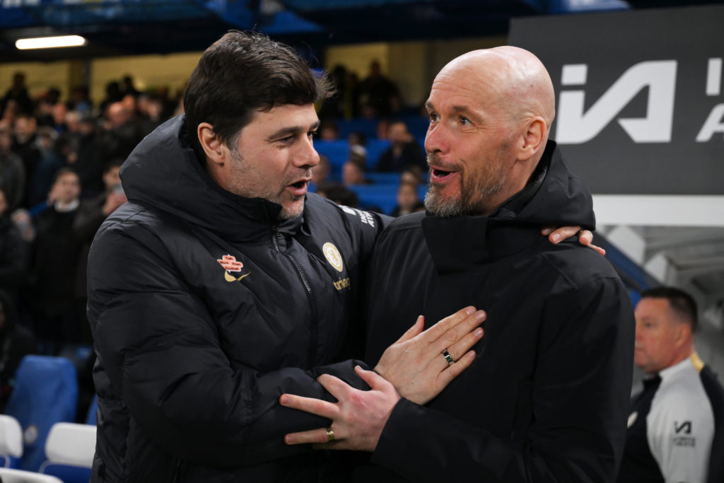 Mauricio Pochettino, Manager of Chelsea, embraces Erik ten Hag, Manager of Manchester United, prior to the Premier League match between Chelsea FC ...