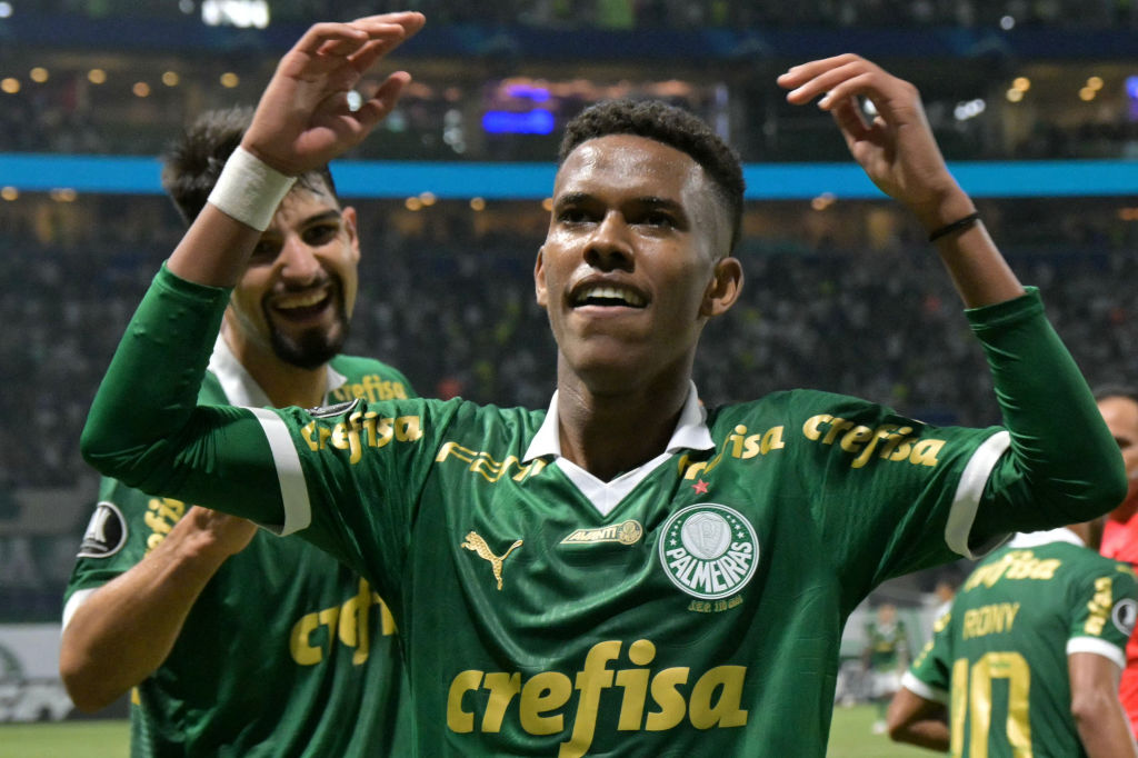Palmeiras' forward Estevao Willian celebrates after scoring a goal during the Copa Libertadores group stage first leg football match between Brazil...