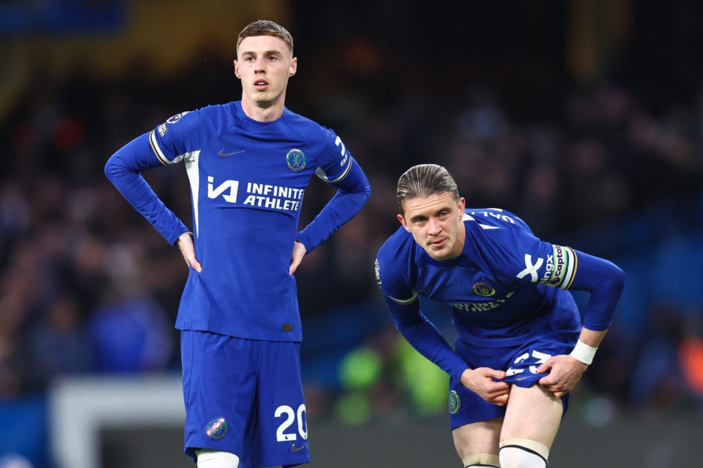 Cole Palmer of Chelsea and Conor Gallagher of Chelsea during the Premier League match between Chelsea FC and Everton FC at Stamford Bridge on April...