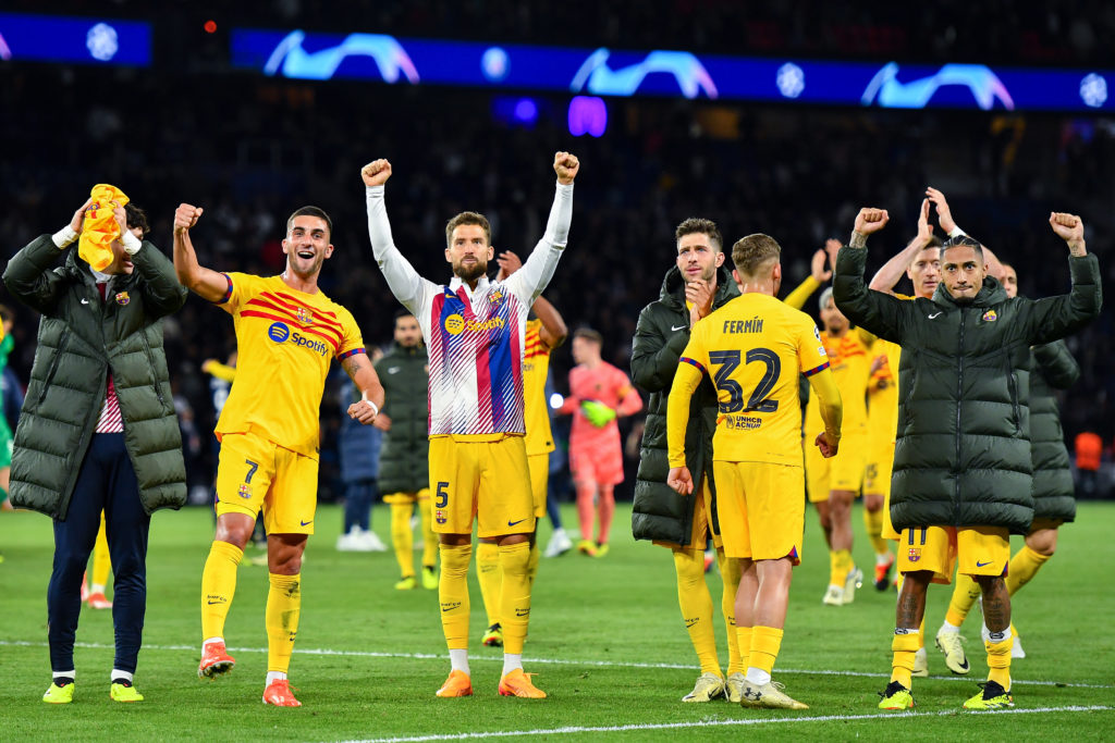 Inigo Martinez, Ferran Torres, Sergi Roberto and Raphinha of FC Barcelona acknowledge the fans following during the UEFA Champions League quarter-f...