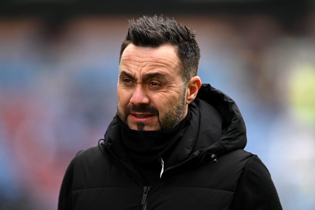 Roberto De Zerbi, Manager of Brighton & Hove Albion, looks on prior to the Premier League match between Burnley FC and Brighton & Hove Albi...