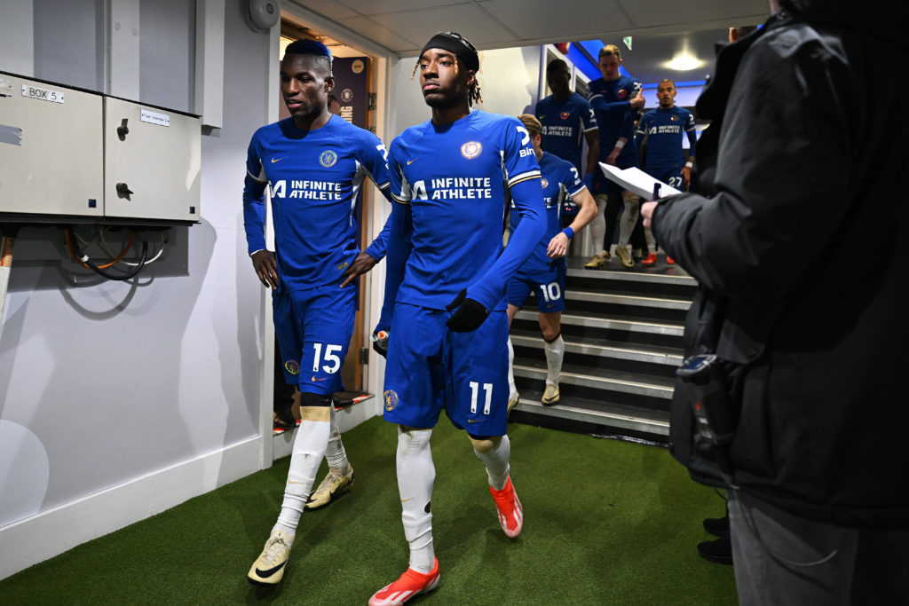 Nicolas Jackson and Noni Madueke of Chelsea walk to pitch, through the tunnel, ahead of the second half during the Premier League match between Che...