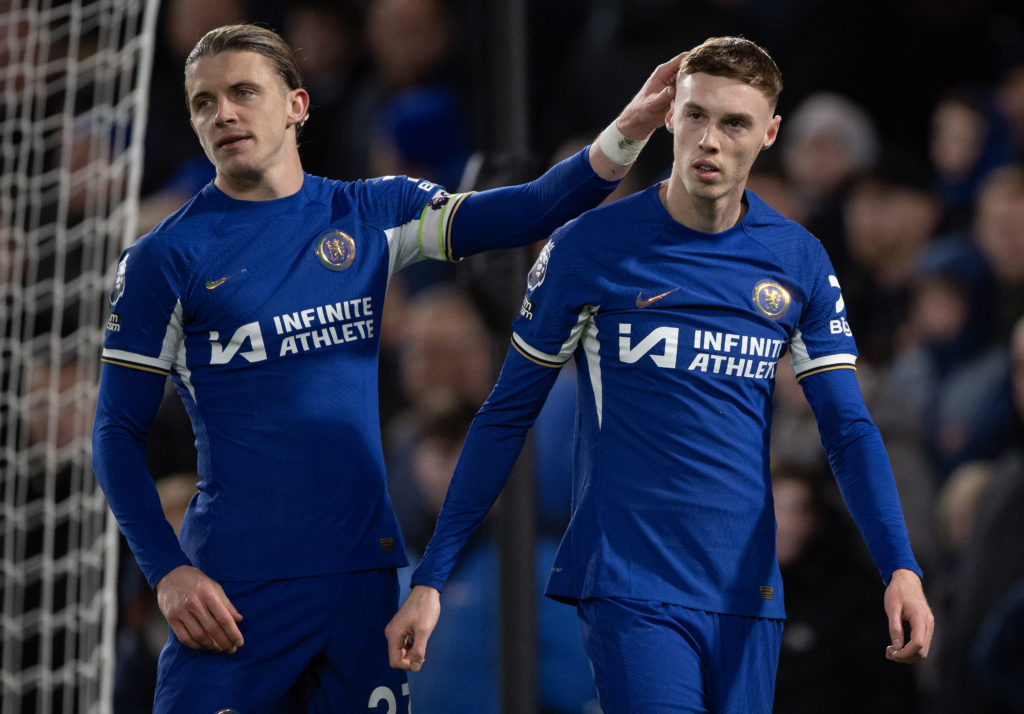 Cole Palmer of Chelsea celebrates scoring his fourth goal with Conor Gallagher during the Premier League match between Chelsea FC and Everton FC at...