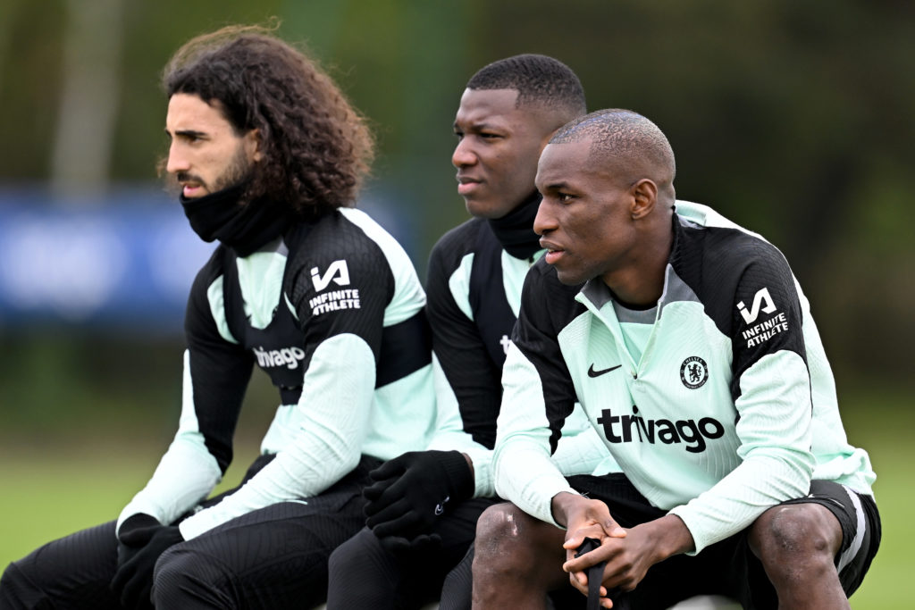 Marc Cucurella, Moises Caicedo and Nicolas Jackson of Chelsea during a open training session at Chelsea Training Ground on April 25, 2024 in Cobham...