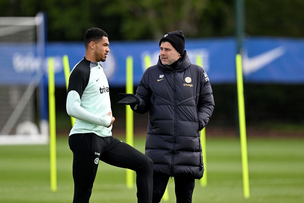 Levi Colwill and Head Coach Mauricio Pochettino of Chelsea during a training session at Chelsea Training Ground on April 26, 2024 in Cobham, England.