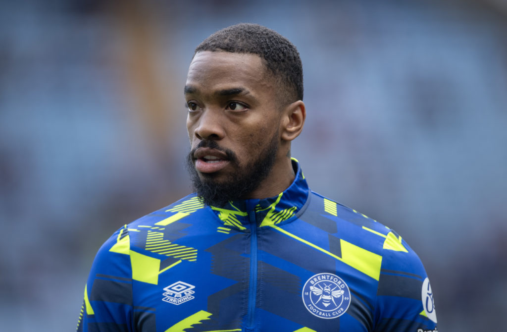 Ivan Toney of Brentford looks on prior to the Premier League match between Aston Villa and Brentford FC at Villa Park on April 6, 2024 in Birmingha...