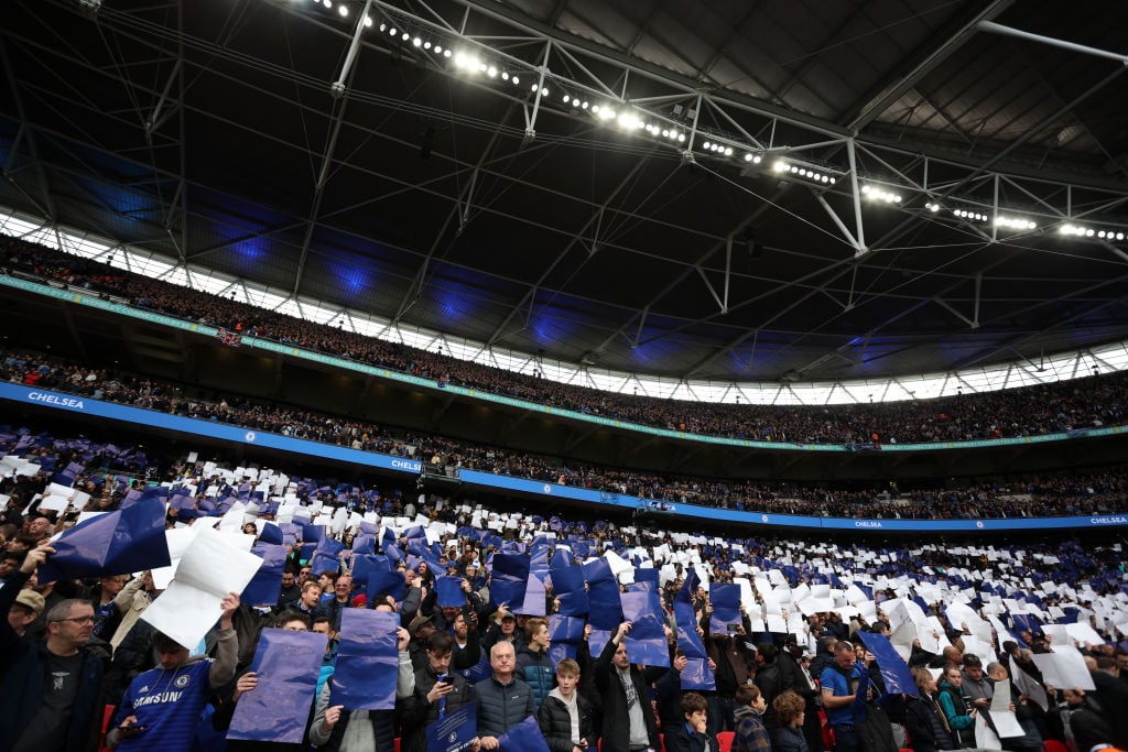 Chelsea fans before the Emirates FA Cup Semi Final match between Manchester City and Chelsea at Wembley Stadium on April 20, 2024 in London, England.