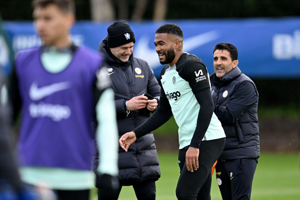 Head Coach Mauricio Pochettino, Reece James and Assistant Head Coach Jesus Perez of Chelsea during a training session at Chelsea Training Ground on...